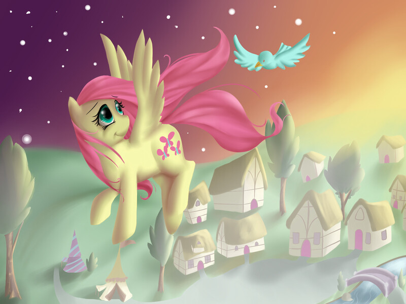 Size: 1600x1200 | Tagged: safe, artist:squid-cult, derpibooru import, fluttershy, bird, pegasus, flying, g4, image, jpeg, river, stars, tree, water