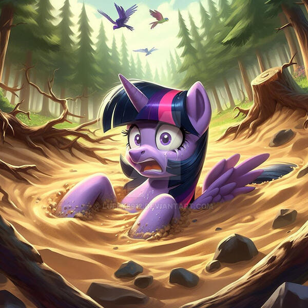 Size: 800x800 | Tagged: safe, ai content, derpibooru import, machine learning generated, prompter:luffy8912, twilight sparkle, twilight sparkle (alicorn), alicorn, bird, amputee, crying, distressed, forest, image, jpeg, log, nature, open mouth, peril, quicksand, rock, sand, scared, sinking, sky, stuck, stump, tree, wide eyes