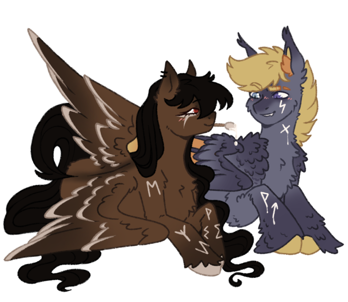Size: 1106x961 | Tagged: safe, artist:kazmuun, derpibooru import, stormfeather, bat pony, pegasus, pony, body writing, chest fluff, commission, cute, duo, duo male and female, ear fluff, ear piercing, earring, eyeshadow, fangs, female, grin, heterochromia, image, jewelry, leg fluff, looking at each other, looking at someone, lying down, makeup, male, mare, momenta typhoon, mouth hold, paint, painting, piercing, png, prone, redesign, runes, sailor moon (series), sailor pluto, ship:stormenta, simple background, smiling, species swap, stallion, straight, tattoo, transparent background, unshorn fetlocks