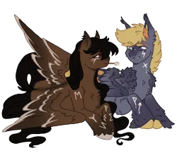 Size: 1106x961 | Tagged: safe, artist:kazmuun, derpibooru import, stormfeather, bat pony, pegasus, pony, body writing, chest fluff, commission, cute, duo, duo male and female, ear fluff, ear piercing, earring, eyeshadow, fangs, female, grin, heterochromia, image, jewelry, leg fluff, looking at each other, looking at someone, lying down, makeup, male, mare, momenta typhoon, mouth hold, paint, painting, piercing, png, prone, redesign, runes, sailor moon (series), sailor pluto, ship:stormenta, simple background, smiling, species swap, stallion, straight, tattoo, transparent background, unshorn fetlocks