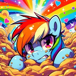 Size: 800x800 | Tagged: safe, ai content, derpibooru import, machine learning generated, prompter:luffy8912, rainbow dash, buried, deviantart watermark, gritted teeth, heart, image, jpeg, narrowed eyes, obtrusive watermark, quicksand, rainbow, sand, shiny, sinking, struggling, stuck, teeth, watermark