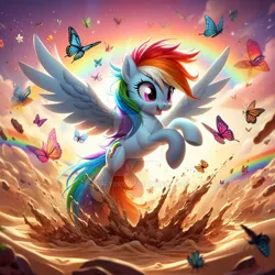 Size: 800x800 | Tagged: safe, ai content, derpibooru import, machine learning generated, prompter:luffy8912, rainbow dash, butterfly, insect, burst, deviantart watermark, freedom, image, jpeg, jumping, obtrusive watermark, popping, quicksand, rainbow, rescue, sand, smiling, spread wings, watermark, wings