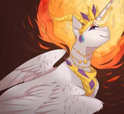 Size: 2551x2350 | Tagged: safe, artist:pixelberrry, derpibooru import, nightmare star, alicorn, pony, crown, ear fluff, female, fire, g4, horns, image, jewelry, mane of fire, mare, png, regalia, solo, wing fluff, wings