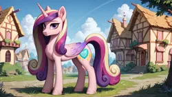 Size: 2560x1440 | Tagged: safe, ai content, derpibooru import, generator:autismmixconfetti, machine learning generated, prompter:truekry, stable diffusion, princess cadance, alicorn, pony, chest fluff, g4, high res, image, png, ponyville, sunny day, wallpaper