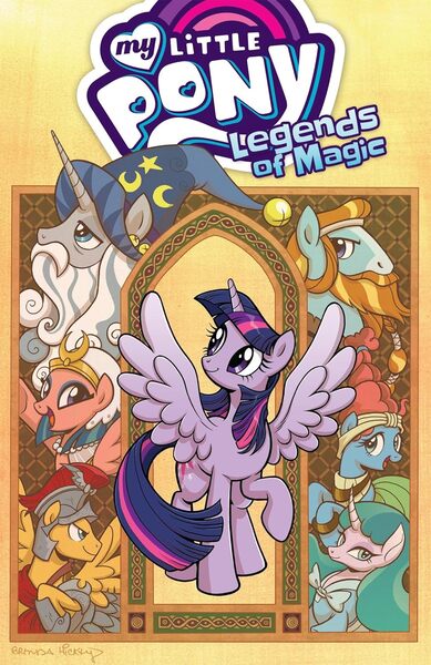 Size: 972x1500 | Tagged: safe, artist:brendahickey, derpibooru import, idw, official, flash magnus, meadowbrook, mistmane, rockhoof, somnambula, star swirl the bearded, twilight sparkle, twilight sparkle (alicorn), alicorn, earth pony, pegasus, pony, unicorn, legends of magic, spoiler:comic, spoiler:comiclom1, armor, beard, beautiful, book, cover, curved horn, cute, english, facial hair, female, g4, glare, horn, image, jpeg, lidded eyes, looking back, male, mare, meadowcute, merchandise, my little pony logo, open mouth, open smile, pillars of equestria, raised hoof, smiling, smirk, somnambetes, spread wings, stallion, text, wings