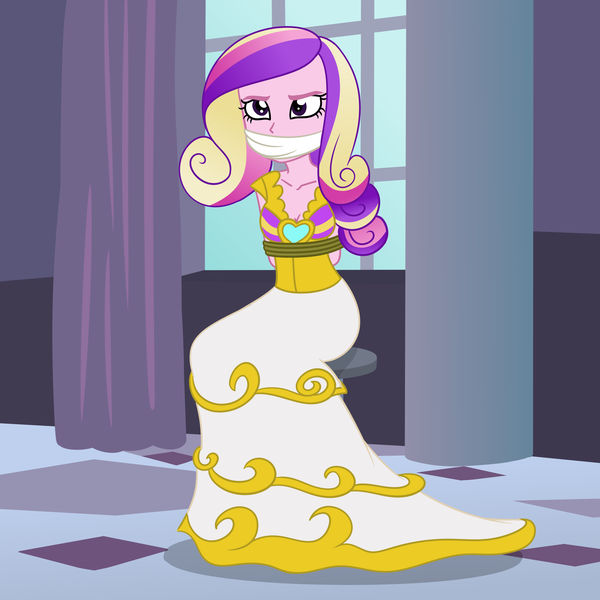 Size: 2000x2000 | Tagged: safe, artist:nie-martw-sie-o-mnie, derpibooru import, princess cadance, queen chrysalis, human, a canterlot wedding, equestria girls, bondage, bound and gagged, bridal gown, bride, cloth gag, disguise, disguised changeling, g4, gag, image, png, rope, rope bondage, sitting, stool