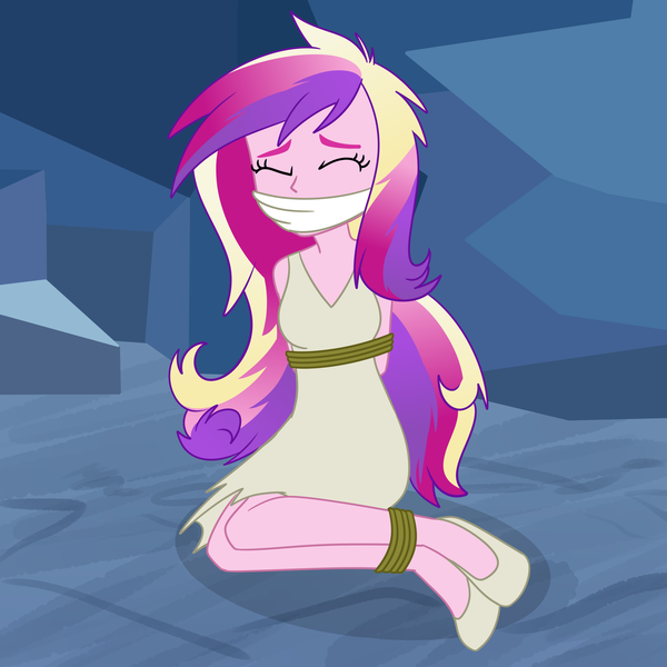 Size: 2000x2000 | Tagged: safe, artist:nie-martw-sie-o-mnie, derpibooru import, princess cadance, human, a canterlot wedding, equestria girls, bondage, bound and gagged, cave, cloth gag, clothes, eyes closed, g4, gag, high heels, image, kneeling, png, rope, rope bondage, shoes, torn clothes, torn dress