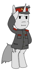 Size: 859x1627 | Tagged: artist needed, safe, derpibooru import, oc, unofficial characters only, unicorn, clothes, crossover, g4, horn, image, papers please, png, salute, solo, standing, unicorn oc, uniform