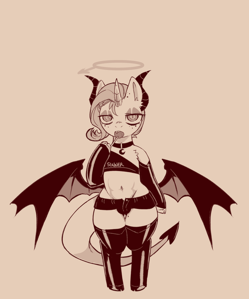 Size: 1200x1440 | Tagged: questionable, artist:cold-blooded-twilight, derpibooru import, oc, oc:yodi, demon, alternate design, angel, bat wings, belly button, candy, clothes, collar, crotch bulge, fangs, food, freckles, horns, image, leggings, lollipop, monochrome, png, shorts, sketch, slit pupils, wide hips, wings