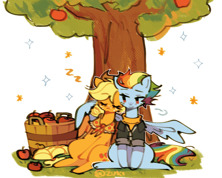 Size: 2048x1637 | Tagged: safe, artist:zuki, derpibooru import, applejack, rainbow dash, earth pony, pegasus, pony, apple, apple tree, appledash, basket, clothes, cowboy hat, duo, duo female, female, food, g4, granny smith's shawl, grass, hat, hug, image, jpeg, lesbian, mare, older, older applejack, older rainbow dash, onomatopoeia, scarf, shipping, sitting, sleeping, spread wings, stetson, tree, winghug, wings