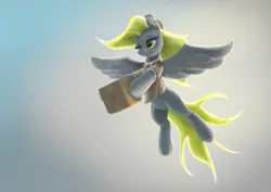Size: 2538x1794 | Tagged: safe, artist:odooee, derpibooru import, derpy hooves, pegasus, pony, cute, derpabetes, female, flying, high res, image, mailmare, mailmare uniform, mare, package, png, solo, underp