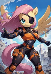 Size: 1664x2432 | Tagged: safe, ai content, derpibooru import, machine learning generated, stable diffusion, fluttershy, android, anthro, pegasus, robot, unguligrade anthro, action pose, breasts, busty fluttershy, cyberpunk, eyepatch, female, flutterbot, g4, generator:pony diffusion v6 xl, image, looking at you, military, png, prompter:foylertf, roboticization, ruins, science fiction, solo, solo female, spread wings, wings