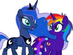 Size: 1765x1338 | Tagged: safe, artist:star-armour95, derpibooru import, princess luna, oc, oc:rainbow flower, alicorn, pony, unicorn, duo, female, g4, horn, image, png, simple background, transparent background