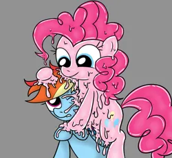 Size: 1867x1727 | Tagged: safe, artist:tomlooksatstuff, derpibooru import, pinkie pie, rainbow dash, earth pony, goo, goo pony, original species, pegasus, pony, duo, duo female, female, image, imminent assimilation, melting, pink goo, pink pony, png, simple background