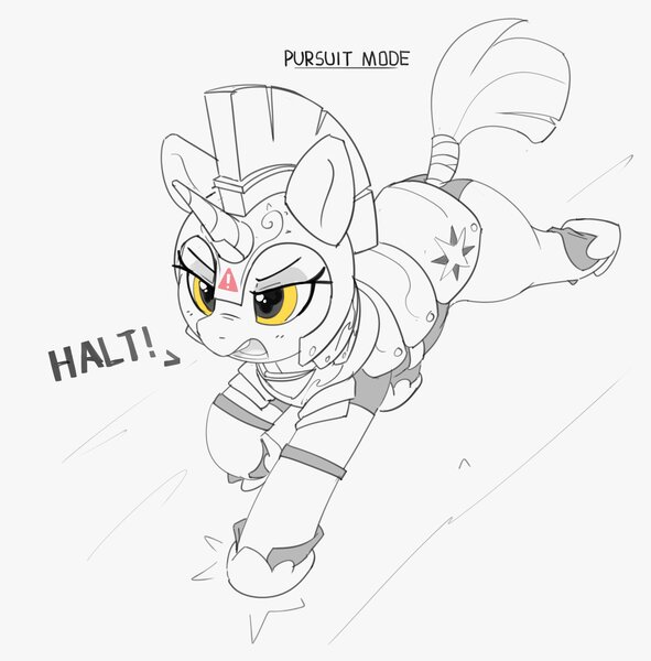 Size: 2584x2622 | Tagged: safe, artist:pabbley, derpibooru import, pony, unicorn, dialogue, female, grayscale, guard armor, guardsmare, horn, image, jpeg, mare, monochrome, narrowed eyes, open mouth, partial color, royal guard, running, simple background, solo, white background