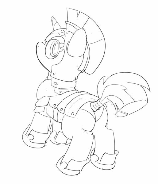 Size: 2569x2993 | Tagged: safe, artist:pabbley, derpibooru import, pony, unicorn, black and white, butt, female, grayscale, guard armor, guardsmare, horn, image, lineart, looking at you, looking back, looking back at you, mare, monochrome, plot, png, royal guard, simple background, solo, white background