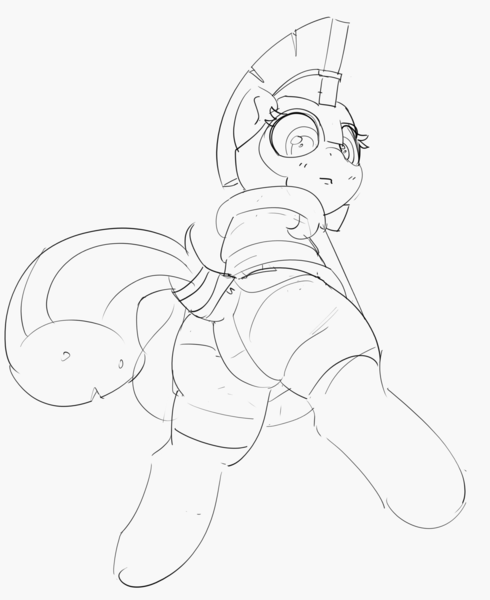 Size: 2413x2955 | Tagged: safe, artist:pabbley, derpibooru import, earth pony, pony, black and white, butt, dock, female, grayscale, guard armor, guardsmare, image, looking at you, looking back, looking back at you, low angle, mare, monochrome, plot, png, rear view, royal guard, simple background, sketch, solo, tail, white background