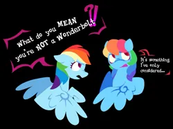 Size: 1337x1001 | Tagged: safe, artist:partyponypower, derpibooru import, rainbow dash, pegasus, pony, alternate hairstyle, alternate universe, black background, duo, g4, image, jpeg, self paradox, self ponidox, simple background