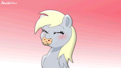 Size: 1000x563 | Tagged: safe, artist:avui, derpibooru import, derpy hooves, pegasus, pony, animated, arms wide open, blushing, cute, derpabetes, eating, eye shimmer, eyes closed, female, food, gif, hoof heart, image, letter, looking at you, mare, mouth hold, muffin, open mouth, open smile, smiling, smiling at you, solo, spread wings, turning, underhoof, weapons-grade cute, wings