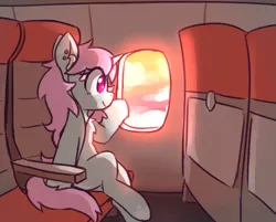 Size: 1807x1454 | Tagged: safe, artist:rivibaes, derpibooru import, oc, oc:scoops, pony, unicorn, earbuds, female, horn, image, looking out the window, mare, plane, png, sitting, solo, window