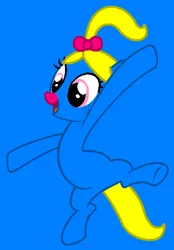Size: 423x607 | Tagged: safe, artist:bronybase, artist:spitfirethepegasusfan39, ponified, earth pony, pony, adult blank flank, base used, bipedal, blank flank, blue background, bow, clothes, female, freckles, g4, hair bow, image, jumping, little miss, little miss somersault, mare, mr. men, mr. men little miss, open mouth, open smile, pink nose, png, ponytail, simple background, smiling, solo, somersault