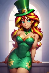 Size: 832x1216 | Tagged: suggestive, ai content, derpibooru import, machine learning generated, stable diffusion, sunset shimmer, equestria girls, beautiful, beautiful eyes, beautiful hair, breasts, cleavage, clothes, cute, dress, female, g4, generator:pony diffusion v6 xl, generator:purplesmart.ai, green dress, hat, holiday, image, jpeg, leprechaun, leprechaun hat, looking at you, minidress, prompter:lerkyboy, rainbow, saint patrick's day, sexy, shimmerbetes, stupid sexy sunset shimmer, top hat