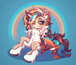 Size: 4104x3520 | Tagged: safe, artist:dedfriend, derpibooru import, oc, unofficial characters only, pony, unicorn, blue background, chest fluff, ear fluff, fluffy, heart eyes, horn, image, multicolored eyes, multicolored hair, multicolored mane, multicolored tail, png, rainbow, simple background, solo, unicorn oc, unshorn fetlocks, watermark, wingding eyes
