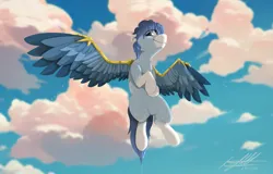 Size: 2500x1600 | Tagged: safe, alternate version, artist:aneonart, artist:angloarts1, derpibooru import, oc, oc:soaring spirit, unofficial characters only, pegasus, pony, armor, coat markings, colored wings, facial markings, image, looking at you, male, markings, multicolored hair, multicolored tail, multicolored wings, pegasus oc, png, socks (coat marking), solo, stallion, tail, three toned wings, water, wet, wet mane, wing armor, wing brace, wings