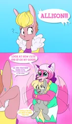 Size: 1798x3072 | Tagged: safe, artist:drfoxweyman, derpibooru import, derpy hooves, anthro, fox, pegasus, pony, rabbit, 2 panel comic, allison (slarpg), animal, clothes, comic, dialogue, holding a pony, image, jpeg, melody (slarpg), question mark, shirt, skirt, slarpg, sparkles, sweat, sweatdrop, tail, tail wag, text, wings