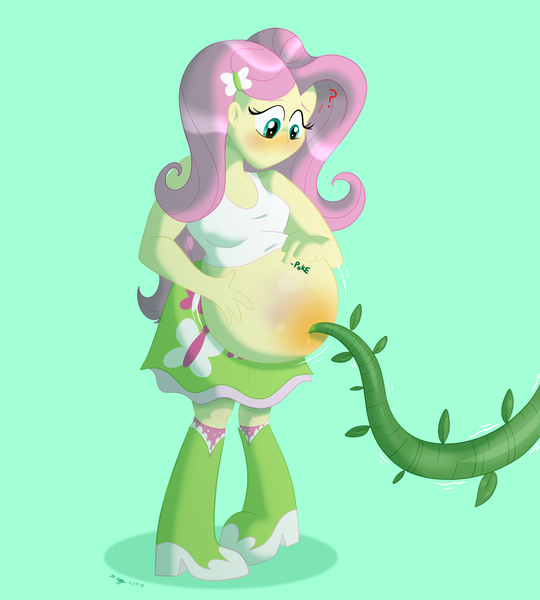 Size: 1620x1800 | Tagged: suggestive, artist:necrofeline, derpibooru import, part of a set, fluttershy, human, series:fluttorange, equestria girls, belly, belly button, belly expansion, big belly, boots, butterfly hairpin, clothes, curious, female, flutterrange, food, food transformation, force feeding, g4, green background, growth, image, inanimate tf, inflation, inflation sequence, juice, liquid inflation, looking down, navel insertion, onomatopoeia, orange, orange juice, orangified, part of a series, png, poking, question mark, shoes, signature, simple background, skirt, solo, solo female, tanktop, transformation, vine
