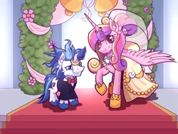 Size: 2048x1536 | Tagged: safe, artist:candy meow, derpibooru import, princess cadance, shining armor, alicorn, pony, unicorn, canterlot castle, clothes, dress, duo, female, horn, image, jewelry, male, mare, marriage, meme, messy mane, png, ring, stallion, the bride and the ugly ass groom, toy interpretation, wedding, wedding dress, wedding ring