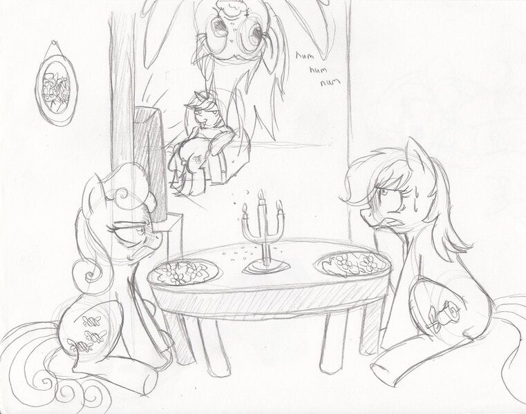 Size: 900x710 | Tagged: safe, artist:enigmaticfrustration, derpibooru import, bon bon, derpy hooves, lyra heartstrings, roseluck, sweetie drops, bon bon is not amused, candle, dinner, g4, image, jpeg, monochrome, sitting, sketch, television, unamused