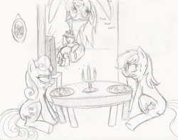 Size: 900x710 | Tagged: safe, artist:enigmaticfrustration, derpibooru import, bon bon, derpy hooves, lyra heartstrings, roseluck, sweetie drops, bon bon is not amused, candle, dinner, g4, image, jpeg, monochrome, sitting, sketch, television, unamused