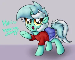 Size: 2851x2274 | Tagged: safe, artist:background basset, derpibooru import, lyra heartstrings, pony, unicorn, clothes, dialogue, gradient background, horn, image, looking at you, open mouth, png, shirt, shorts, simple background, solo, t-shirt, talking to viewer, text, waving, waving at you