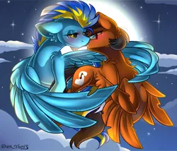 Size: 2451x2100 | Tagged: safe, alternate version, artist:yuris, derpibooru import, oc, oc:dasher, oc:slipstream, unofficial characters only, pegasus, pony, alternate character, blushing, clothes, ears up, female, floppy ears, flying, full moon, glasses, image, imminent kissing, lesbian, moon, night, png, shipping, sky