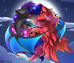 Size: 2451x2080 | Tagged: safe, alternate version, artist:yuris, derpibooru import, oc, oc:ebony rose, oc:echo breeze, unofficial characters only, bat pony, pegasus, pony, alternate character, blushing, clothes, ears up, female, floppy ears, flying, full moon, image, imminent kissing, lesbian, male, moon, night, png, shipping, sky, socks