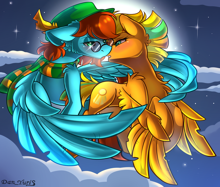 Size: 2451x2080 | Tagged: safe, alternate version, artist:yuris, derpibooru import, oc, oc:san valentine, unofficial characters only, pegasus, pony, alternate character, blushing, clothes, ears up, female, floppy ears, flying, full moon, glasses, image, imminent kissing, male, moon, night, png, scarf, shipping, sky