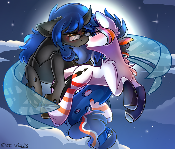 Size: 2451x2080 | Tagged: safe, alternate version, artist:yuris, derpibooru import, oc, oc:sweet scribe, unofficial characters only, changeling, pony, alternate character, blushing, changeling oc, clothes, ears up, female, floppy ears, flying, full moon, glasses, image, imminent kissing, lesbian, moon, night, png, shipping, sky