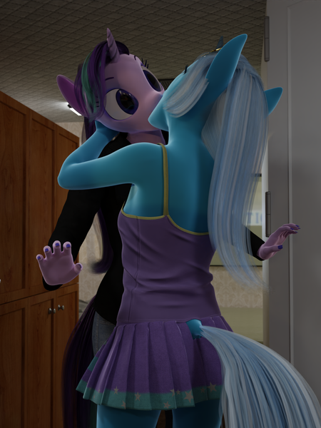 Size: 1080x1440 | Tagged: suggestive, artist:stellarator, derpibooru import, starlight glimmer, trixie, anthro, unguligrade anthro, comic:we will be adored, 3d, blender, blender cycles, cycles render, female, g4, image, kissing, lesbian, not sfm, png, rv, shipping, startrix, surprise kiss, surprised