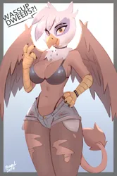 Size: 3112x4692 | Tagged: suggestive, artist:hinget, derpibooru import, gilda, anthro, gryphon, beak, belly button, big breasts, bikini, bikini top, bracelet, breasts, busty gilda, choker, cleavage, clothes, denim, denim shorts, digital art, dweeb, eyebrow piercing, female, g4, gradient background, hand on hip, image, jpeg, looking at you, open mouth, panties, piercing, pose, ripped stockings, shorts, simple background, solo, solo female, speech bubble, spiked wristband, spread wings, swimsuit, tail, talking to viewer, thighs, thong, thong swimsuit, underwear, wide hips, wings, wristband