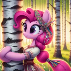 Size: 1024x1024 | Tagged: safe, ai content, derpibooru import, machine learning generated, pinkie pie, cyrillic, forest, hug, image, jpeg, nature, russian, slavic, solo, tree