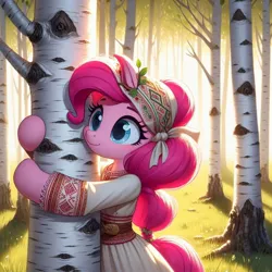 Size: 1024x1024 | Tagged: safe, ai content, derpibooru import, machine learning generated, pinkie pie, cyrillic, forest, hug, image, jpeg, nature, russian, slavic, solo, tree