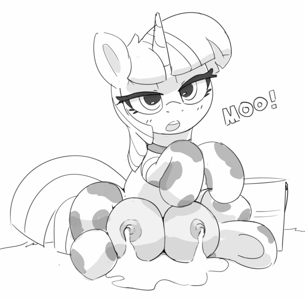 Size: 2230x2194 | Tagged: questionable, artist:pabbley, derpibooru import, twilight sparkle, pony, unicorn, big crotchboobs, black and white, breast milk, cowprint, crotchboobs, excessive milk, female, grayscale, horn, huge crotchboobs, image, leaking milk, lidded eyes, looking at you, mare, monochrome, moo, nipples, nudity, open mouth, png, simple background, solo, solo female, unicorn twilight, white background
