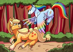 Size: 1063x752 | Tagged: safe, artist:timelapse11, derpibooru import, applejack, rainbow dash, earth pony, pegasus, pony, appledash, coat markings, colored hooves, colored wings, dappled, duo, female, flying, forest, image, lesbian, looking at each other, looking at someone, mare, multicolored wings, nature, png, rainbow wings, redesign, running, shipping, smiling, tree, unshorn fetlocks, wings