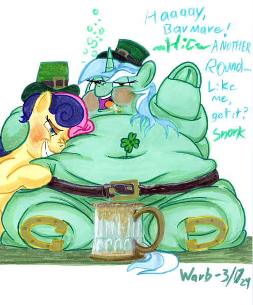 Size: 2378x2863 | Tagged: questionable, artist:white-eyed vireo, derpibooru import, bon bon, lyra heartstrings, sweetie drops, pony, alcohol, beer, beer stein, belly, big belly, bingo wings, chubby cheeks, double chin, drawing, drunk, fat, fat fetish, fetish, flabby chest, holiday, huge belly, image, jpeg, lard-ra heartstrings, large butt, morbidly obese, multichin, neck roll, obese, rolls of fat, saint patrick's day, traditional art