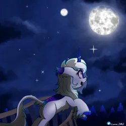 Size: 3072x3072 | Tagged: safe, artist:juniverse, derpibooru import, oc, oc:stellar beam, unofficial characters only, kirin, balcony, butt, cloud, commission, forest, image, kirin oc, looking at the stars, looking up, moon, moons, nature, night, night sky, plot, png, scenery, sky, smiling, solo, stars, tree