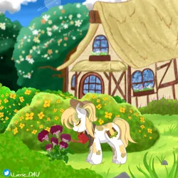 Size: 3072x3072 | Tagged: safe, artist:juniverse, derpibooru import, oc, oc:maize goldenrod, earth pony, pony, bush, calm, eyes closed, flower, garden, gardening, grass, house, image, png, relaxed, scenery, sky, tending, tree, velvet flowers, watering can