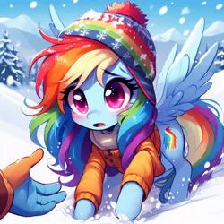 Size: 1024x1024 | Tagged: safe, ai content, derpibooru import, machine learning generated, rainbow dash, beanie, blushing, generator:dall-e 3, hand, hat, image, jpeg, snow, spread wings, wings