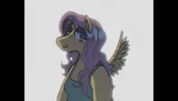 Size: 1500x850 | Tagged: safe, artist:punkittdev, derpibooru import, fluttershy, anthro, pegasus, pony, :3, blushing, border, chubby, clothes, eye clipping through hair, eyebrows, eyebrows visible through hair, eyeshadow, female, film grain, g4, grainy, image, jpeg, lidded eyes, long mane, looking at you, looking away, looking back, makeup, mare, pink mane, shiny mane, smiling, smiling at you, solo, spread wings, tanktop, teal eyes, wavy mane, wings, yellow coat