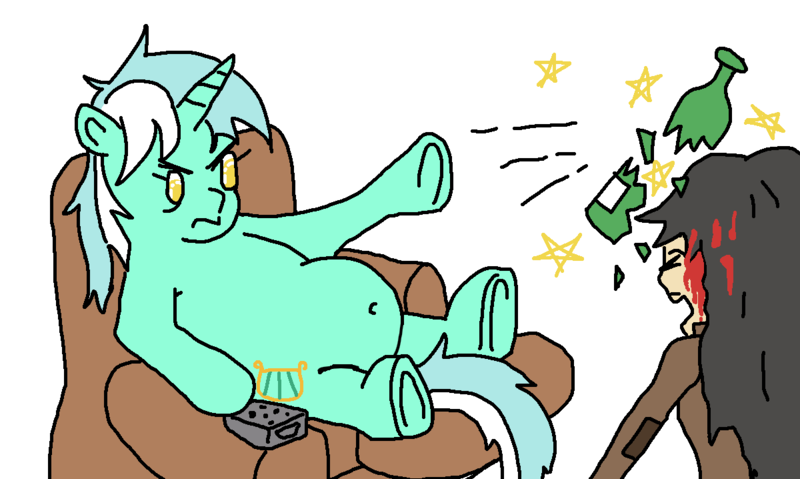 Size: 1200x718 | Tagged: safe, artist:jargon scott, derpibooru import, lyra heartstrings, human, pony, unicorn, abuse, beer bottle, belly, belly button, blood, bottle, chair, duo, female, frown, furrowed brow, horn, image, mare, png, recliner, remote, simple background, throwing, white background